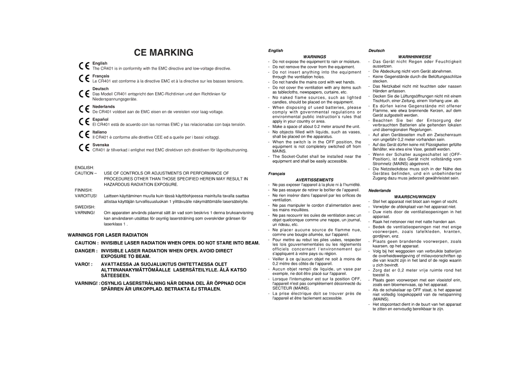 Marantz CR401 manual CE Marking 