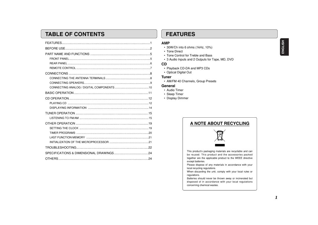 Marantz CR401 manual Table of Contents, Features 