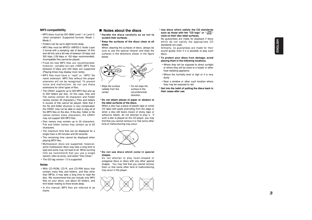 Marantz CR401 manual MP3 compatibility, Do not use discs which come in special shapes 