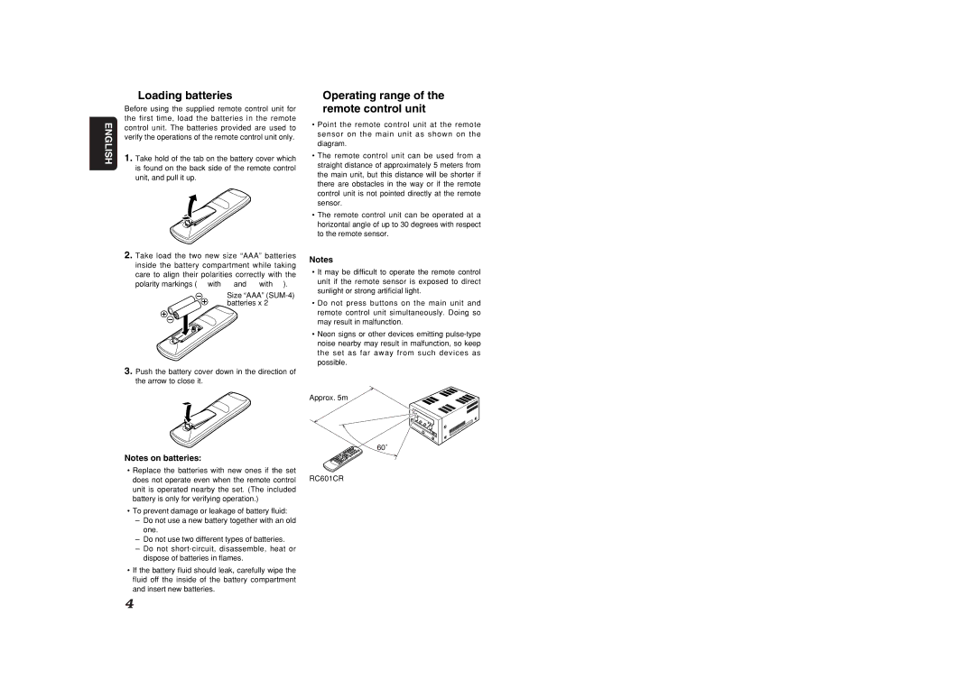 Marantz CR401 manual Loading batteries, Operating range of the remote control unit 