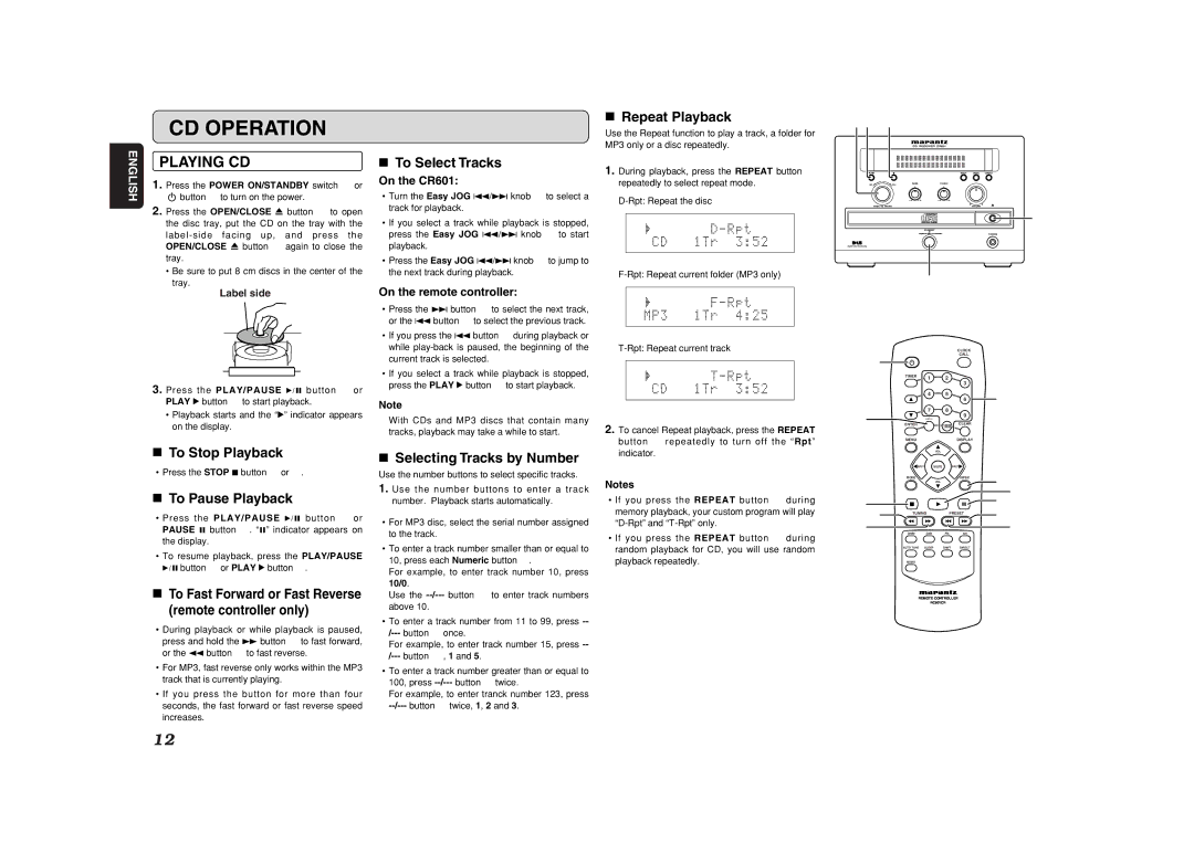 Marantz CR601 manual CD Operation, Playing CD 