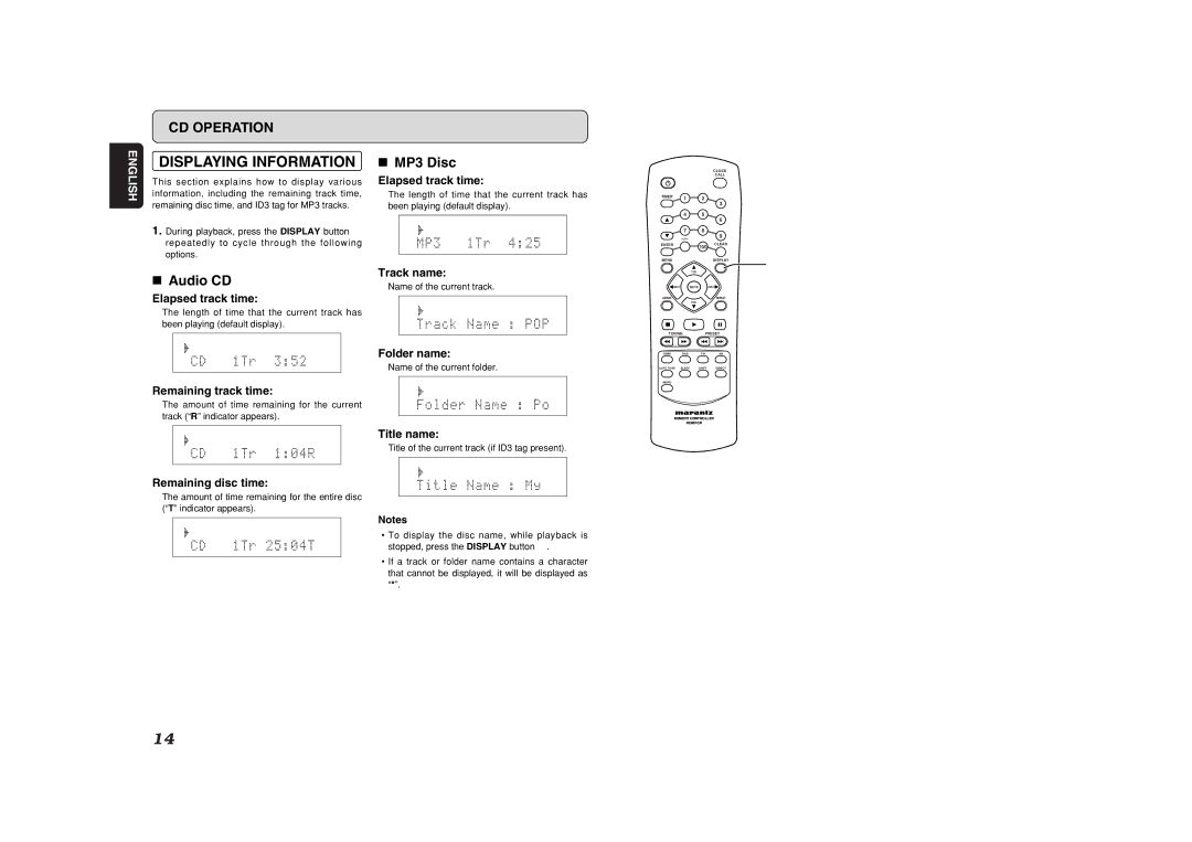 Marantz CR601 manual Displaying Information, MP3 Disc, Audio CD 