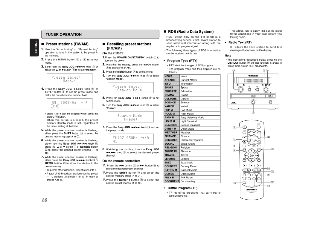 Marantz CR601 manual Preset stations FM/AM, Recalling preset stations FM/AM, RDS Radio Data System 