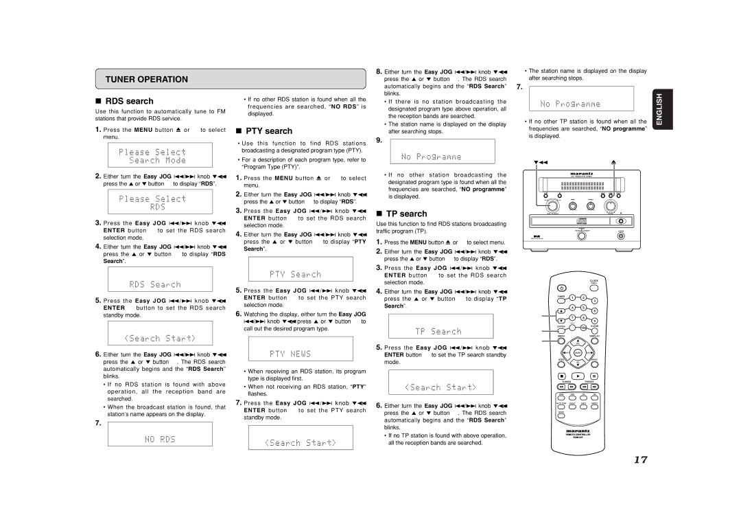 Marantz CR601 manual RDS search, PTY search, TP search 