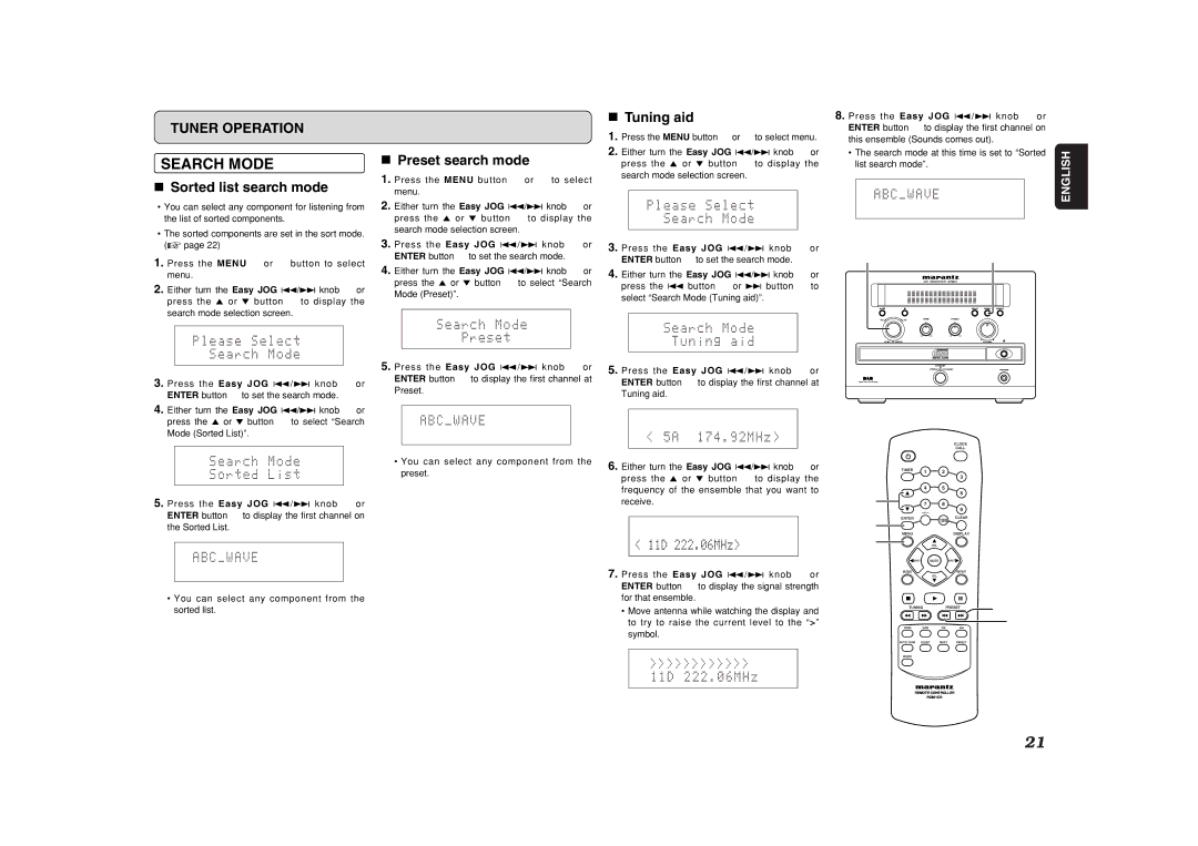 Marantz CR601 manual Search Mode, Sorted list search mode, Preset search mode, Tuning aid 