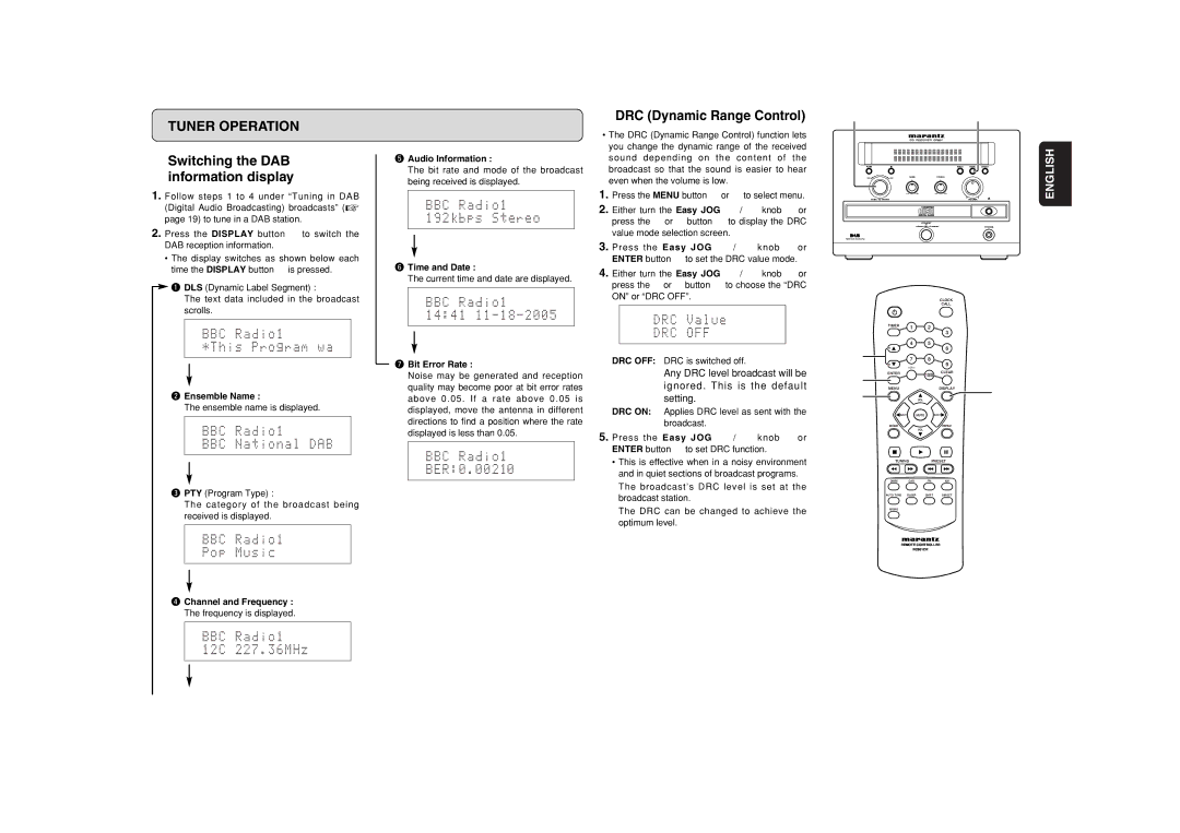 Marantz CR601 manual Switching the DAB information display, Ensemble Name, Time and Date, Bit Error Rate 