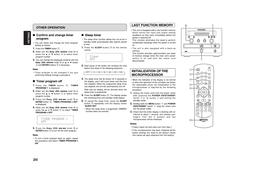 Marantz CR601 Last Function Memory, Initialization of the Microprocessor, Confirm and change timer program, Sleep timer 