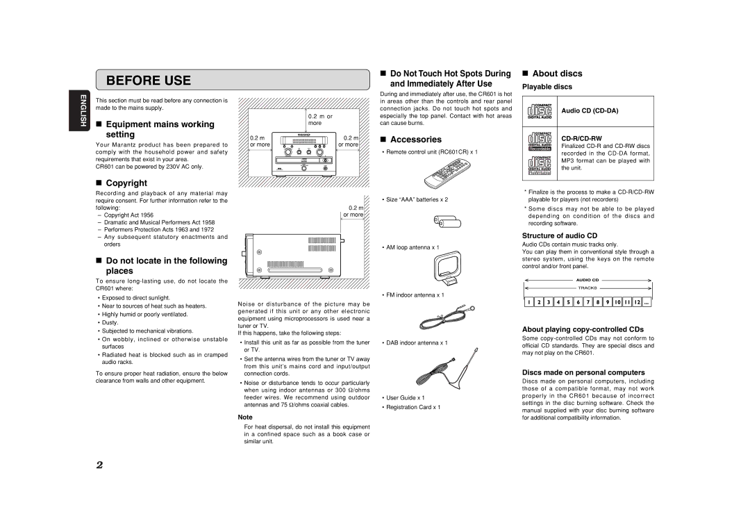 Marantz CR601 manual Before USE 