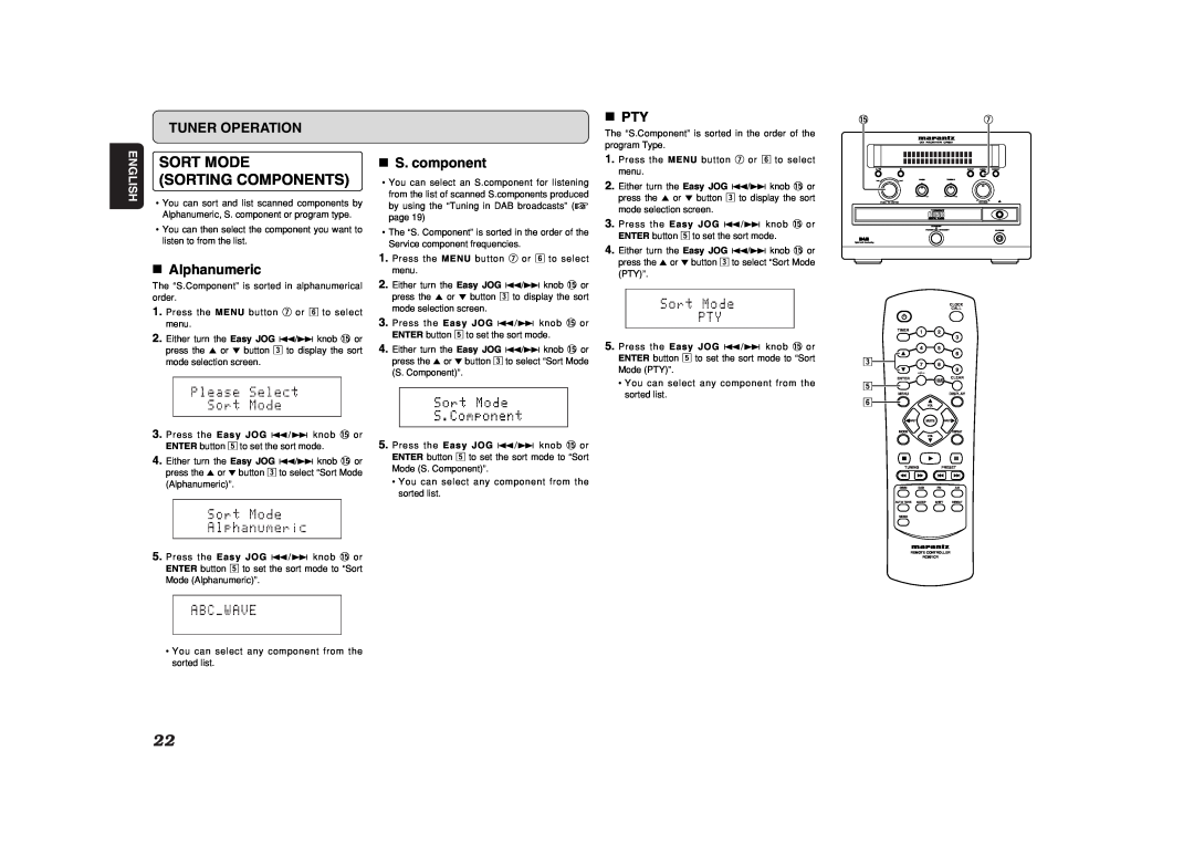 Marantz CR601 manual Sort Mode Sorting Components, 7Alphanumeric, 7S. component, 7PTY, Tuner Operation, English 