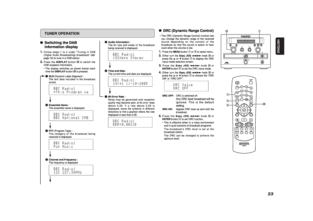 Marantz CR601 manual 7Switching the DAB information display, 7DRC Dynamic Range Control, Tuner Operation, English 