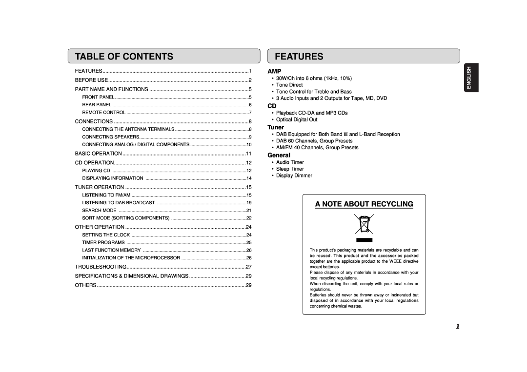 Marantz CR601 manual Table Of Contents, Features, A Note About Recycling, Tuner, General, English 