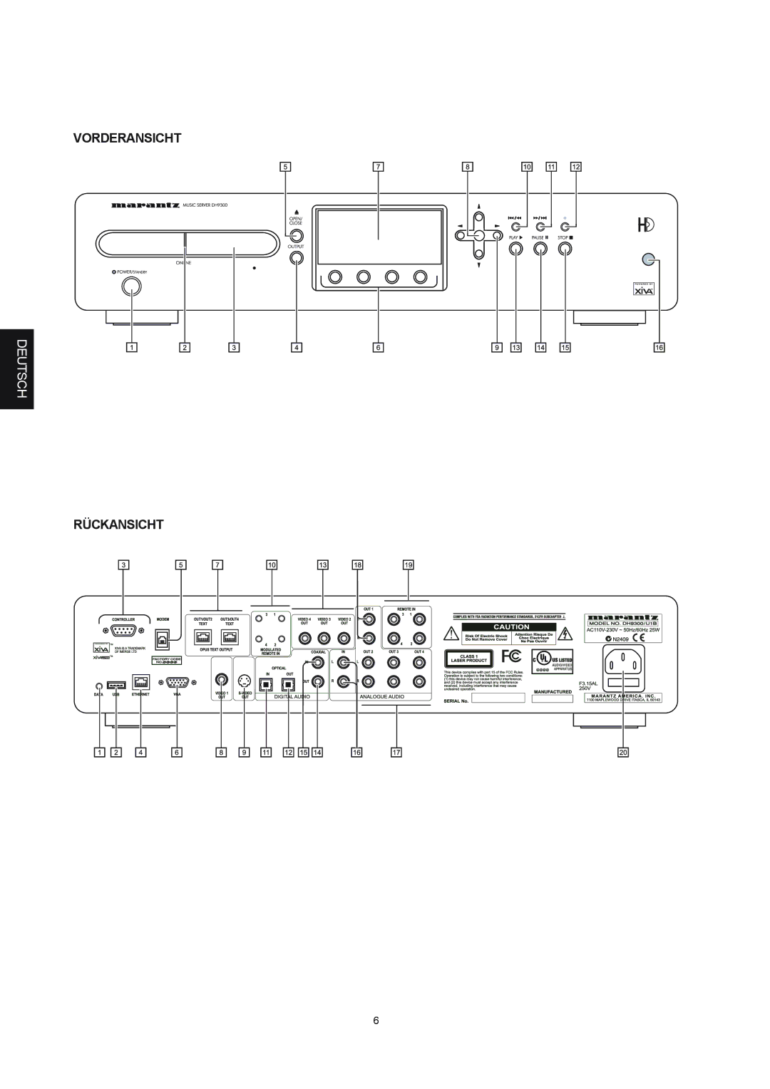 Marantz DH9300 manual Vorderansicht, Rückansicht 