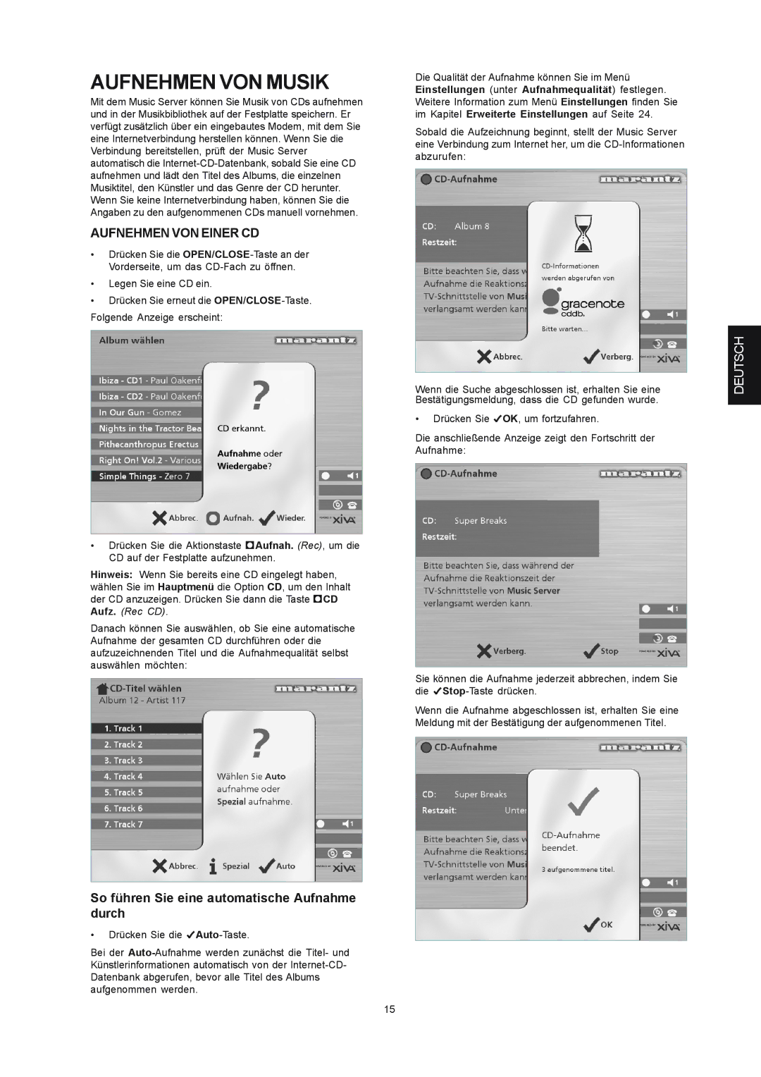 Marantz DH9300 manual Aufnehmen VON Musik, Aufnehmen VON Einer CD, So führen Sie eine automatische Aufnahme durch 