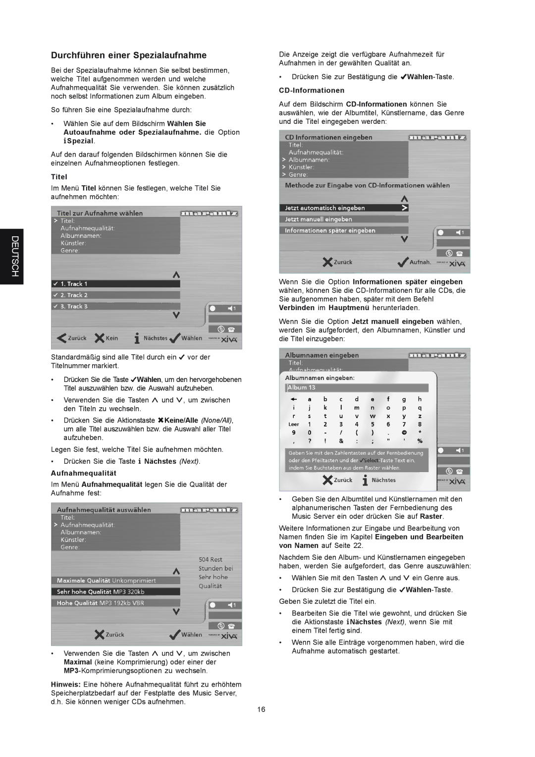 Marantz DH9300 manual Durchführen einer Spezialaufnahme, Titel, Aufnahmequalität, CD-Informationen 