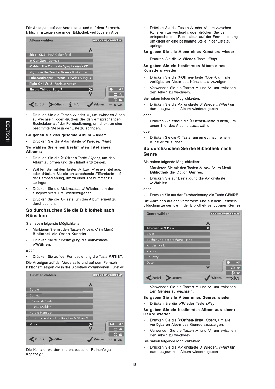 Marantz DH9300 manual So durchsuchen Sie die Bibliothek nach Künstlern, So durchsuchen Sie die Bibliothek nach Genre 