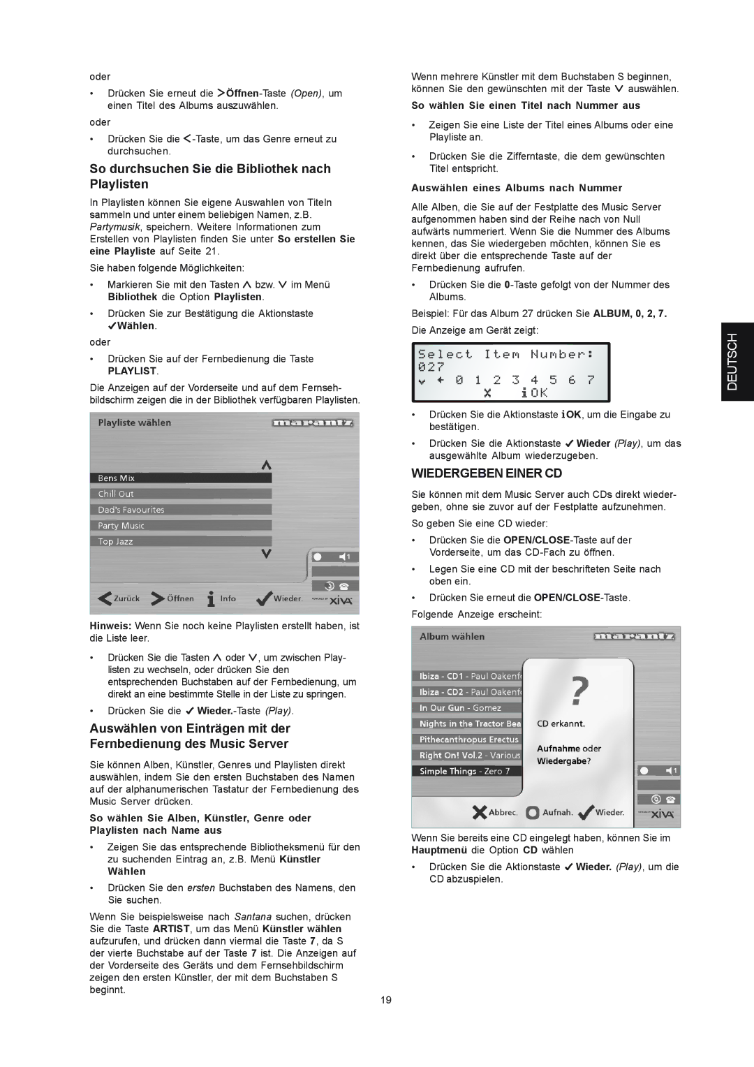 Marantz DH9300 So durchsuchen Sie die Bibliothek nach Playlisten, Wiedergeben Einer CD, Auswählen eines Albums nach Nummer 