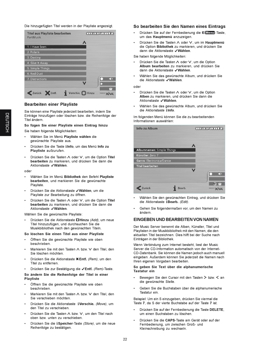 Marantz DH9300 Bearbeiten einer Playliste, So bearbeiten Sie den Namen eines Eintrags, Eingeben UND Bearbeiten VON Namen 