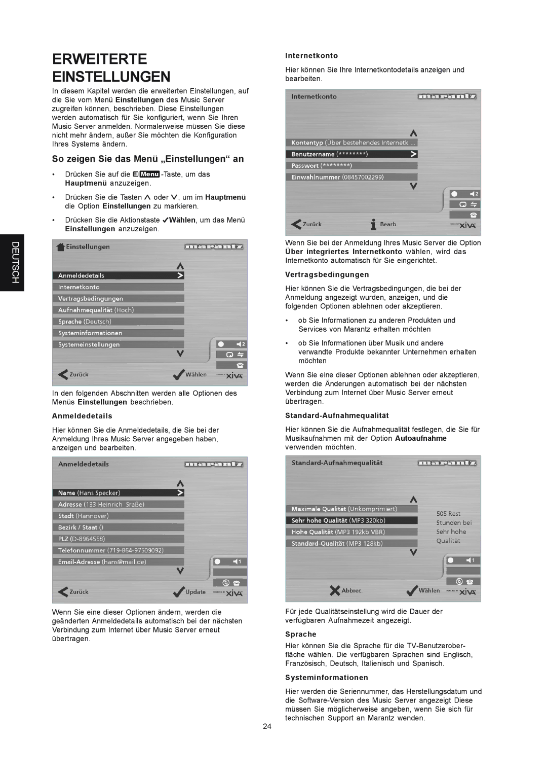 Marantz DH9300 manual Erweiterte Einstellungen, So zeigen Sie das Menü „Einstellungen an 