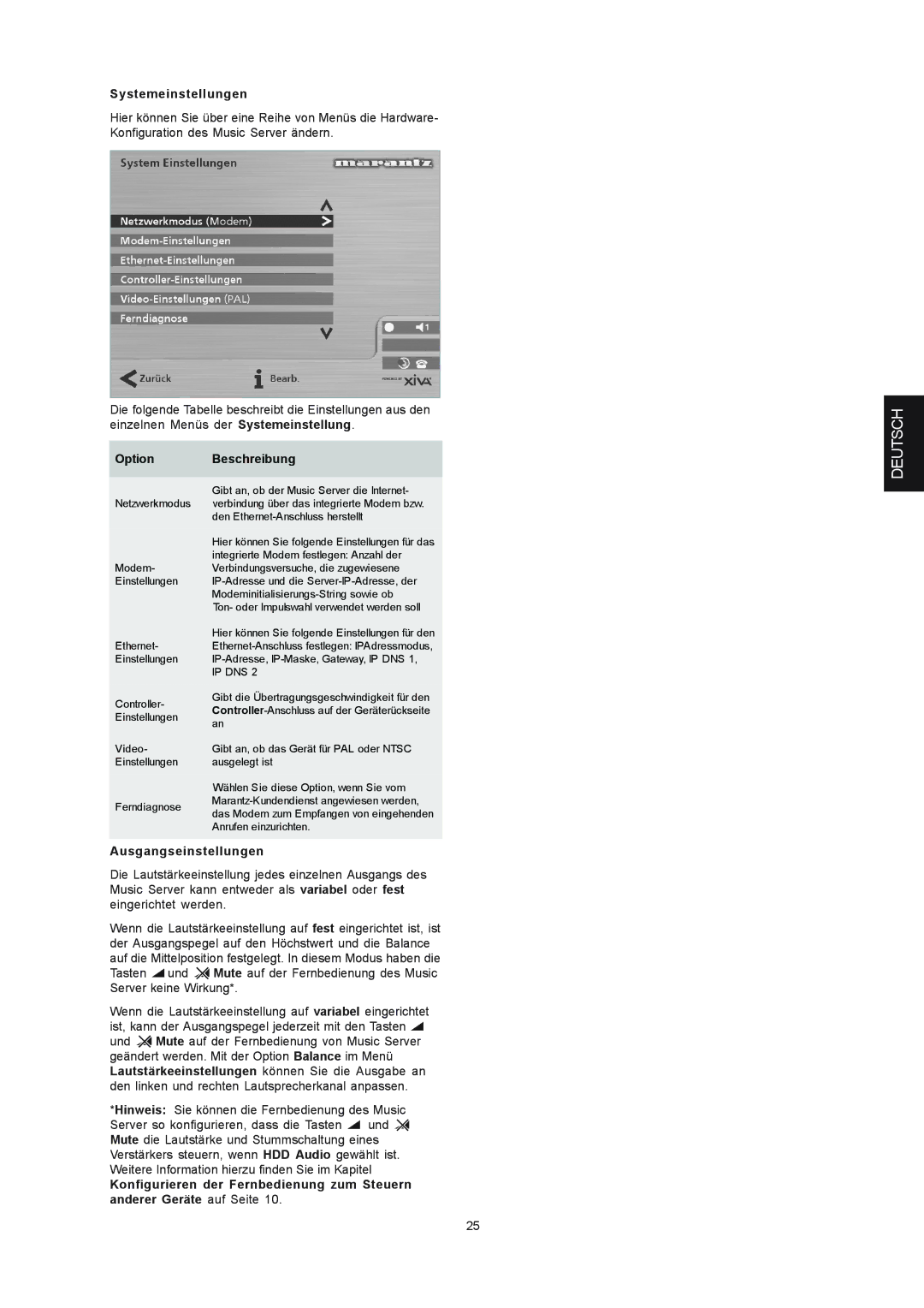 Marantz DH9300 manual Systemeinstellungen, Ausgangseinstellungen 