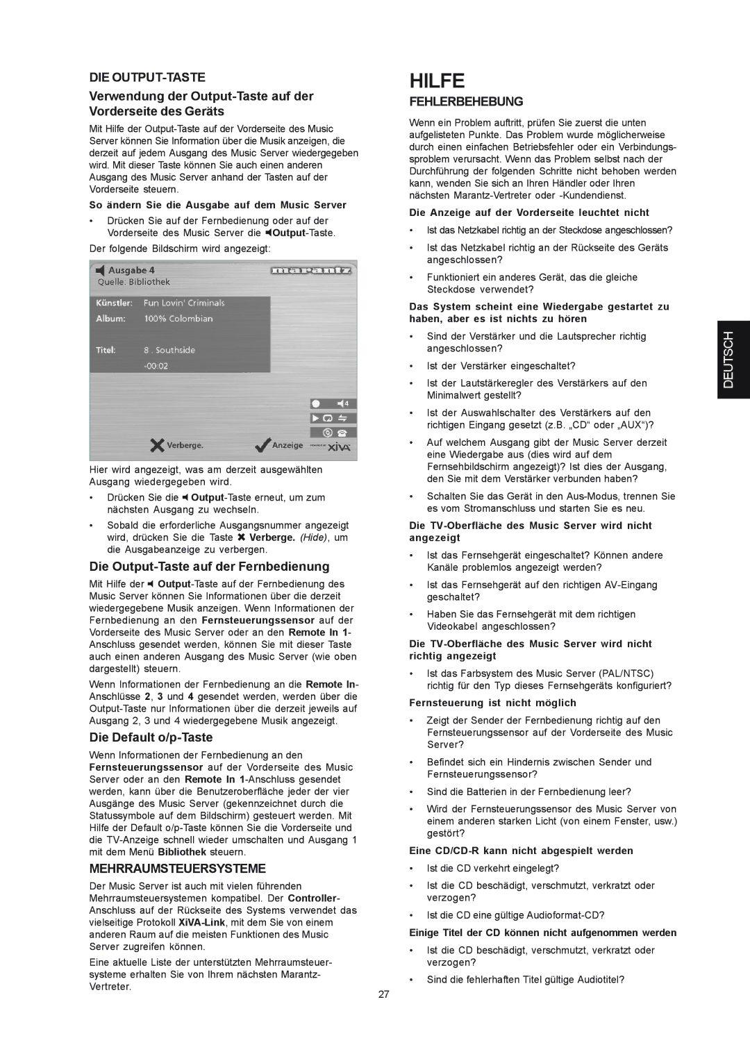 Marantz DH9300 manual Hilfe, Die Output-Taste, Mehrraumsteuersysteme, Fehlerbehebung 