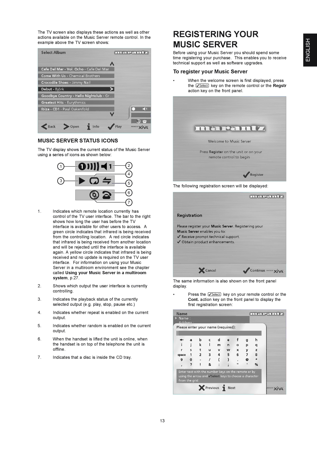 Marantz DH9300 manual Registering Your Music Server, Music Server Status Icons, To register your Music Server 