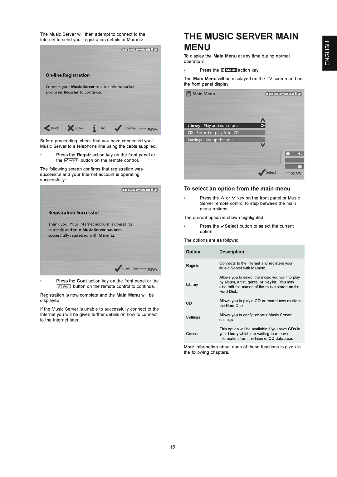 Marantz DH9300 manual Music Server Main Menu, To select an option from the main menu, Option Description 