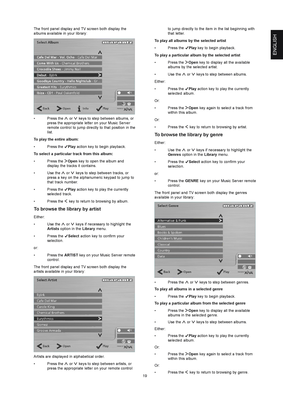 Marantz DH9300 manual To browse the library by artist, To browse the library by genre 