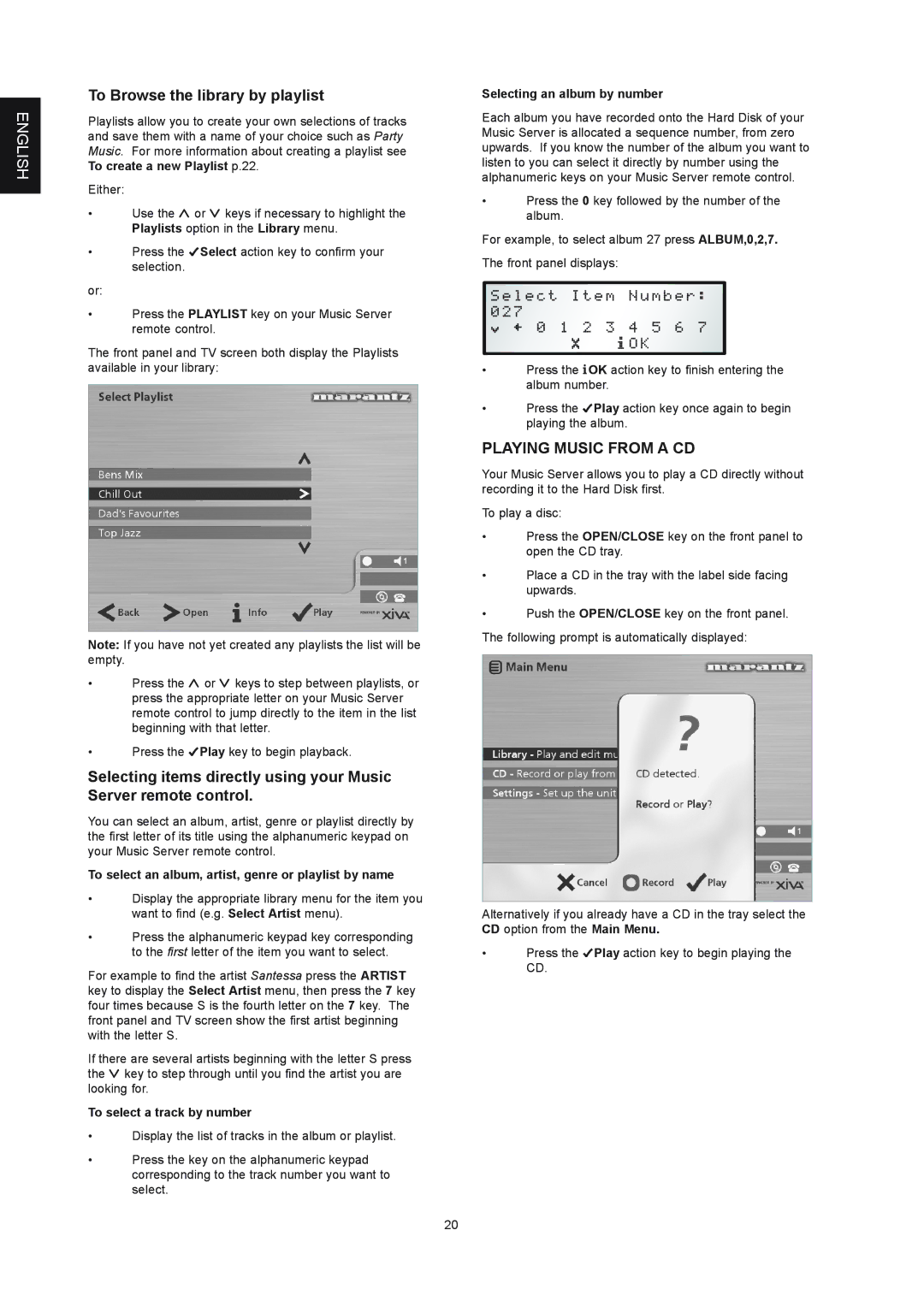 Marantz DH9300 manual To Browse the library by playlist, Playing Music from a CD, To select a track by number 