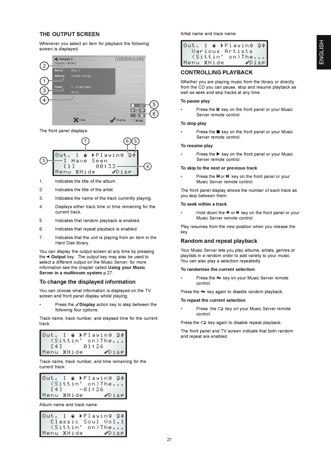 Marantz DH9300 manual Output Screen, To change the displayed information, Controlling Playback, Random and repeat playback 