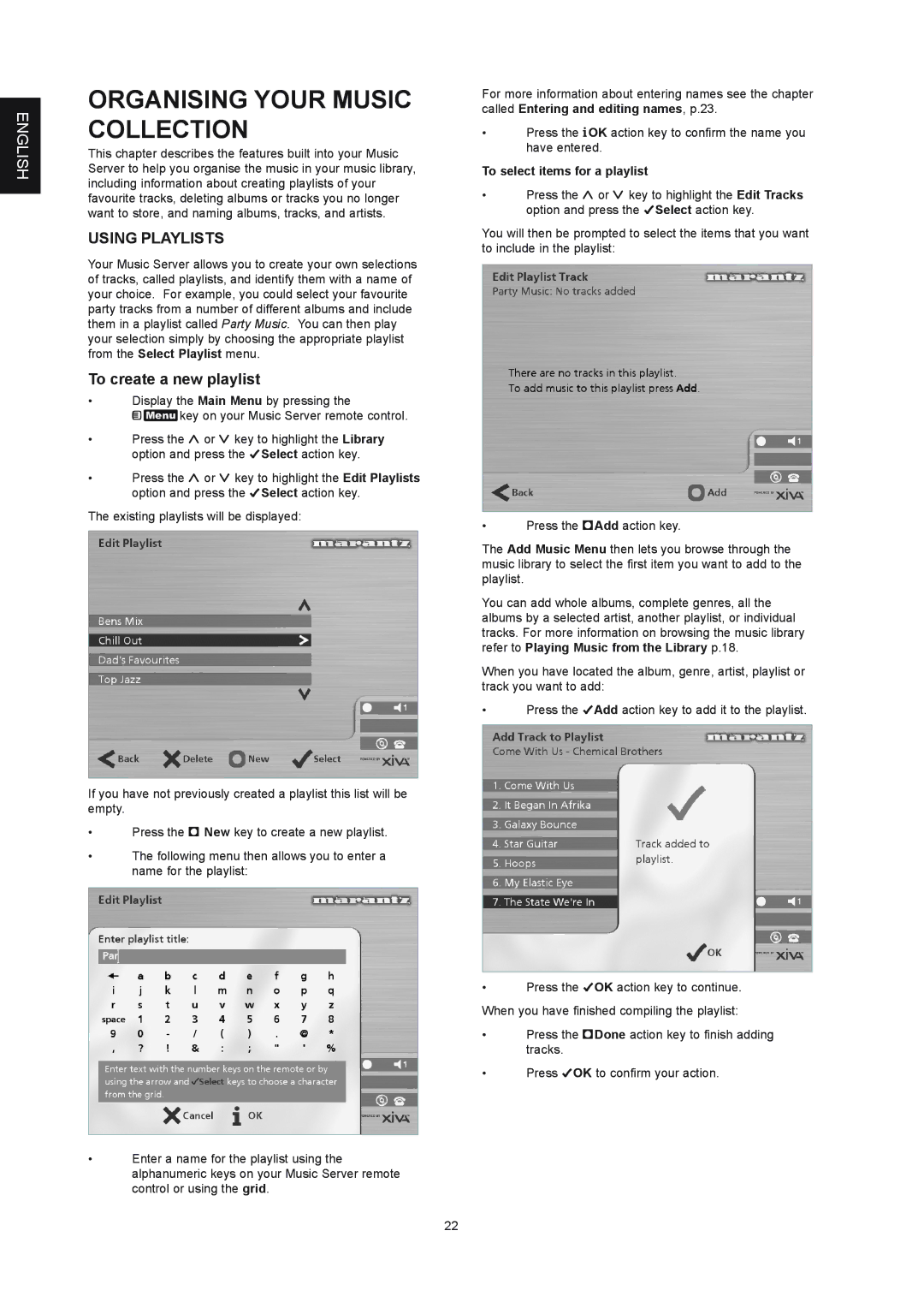 Marantz DH9300 Organising Your Music Collection, Using Playlists, To create a new playlist, To select items for a playlist 