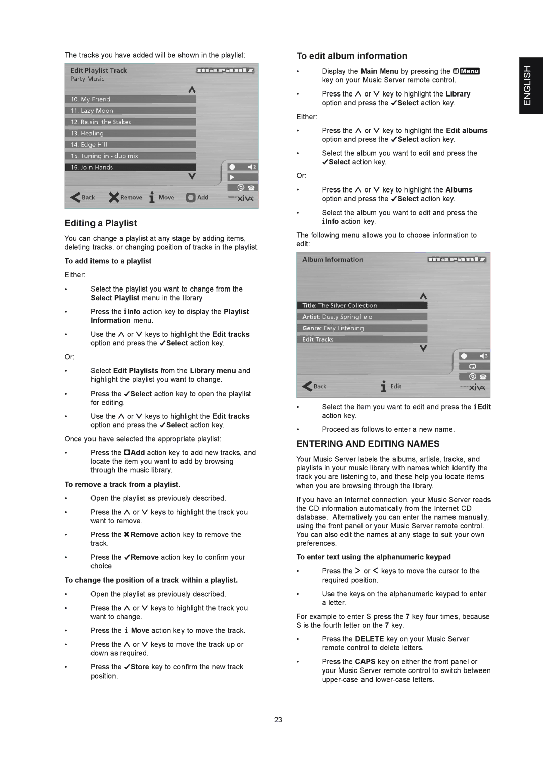 Marantz DH9300 manual Editing a Playlist, To edit album information, Entering and Editing Names 