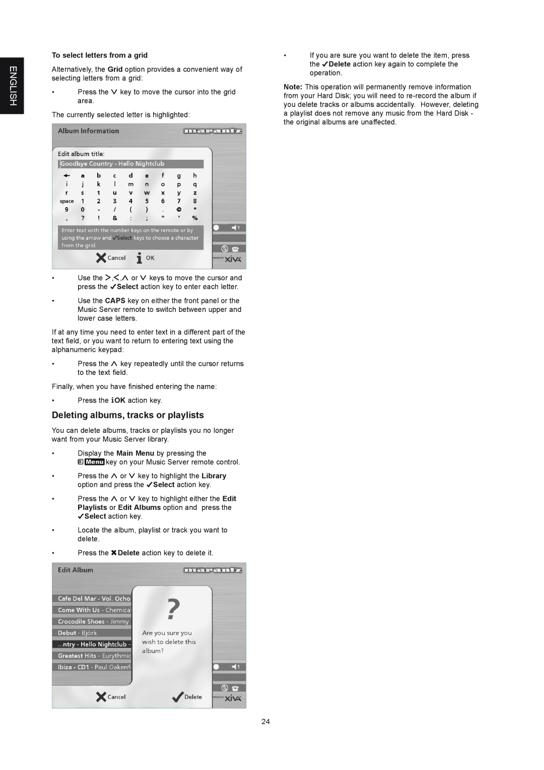 Marantz DH9300 manual Deleting albums, tracks or playlists, To select letters from a grid 