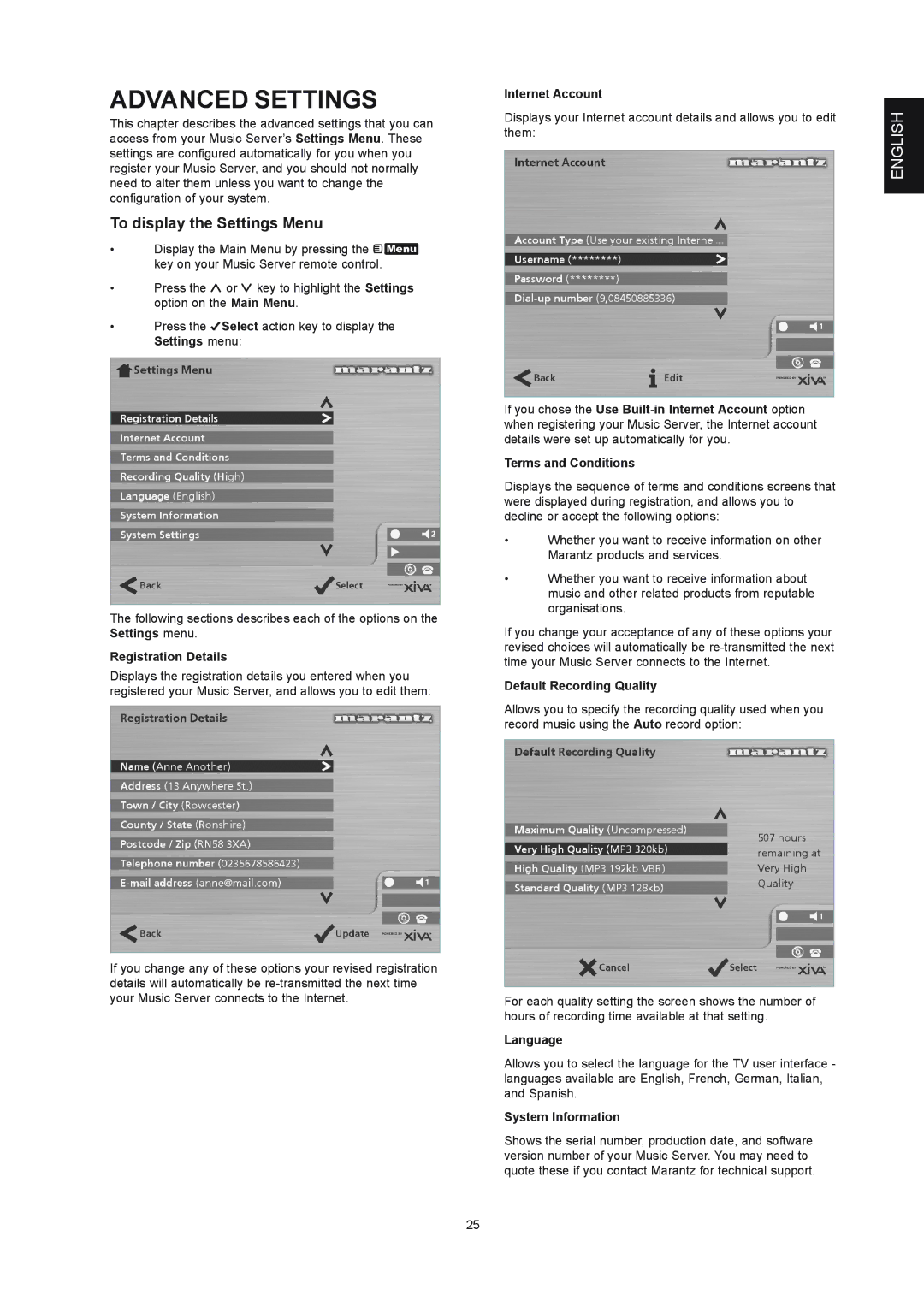 Marantz DH9300 manual Advanced Settings, To display the Settings Menu 