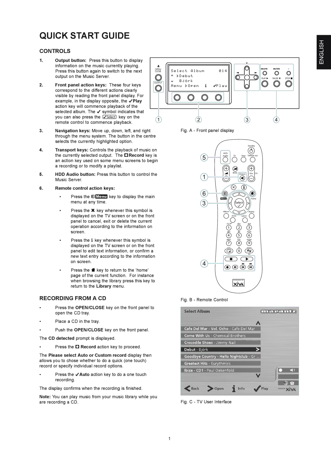 Marantz DH9300 manual Quick Start Guide, Controls, Recording from a CD, Remote control action keys 