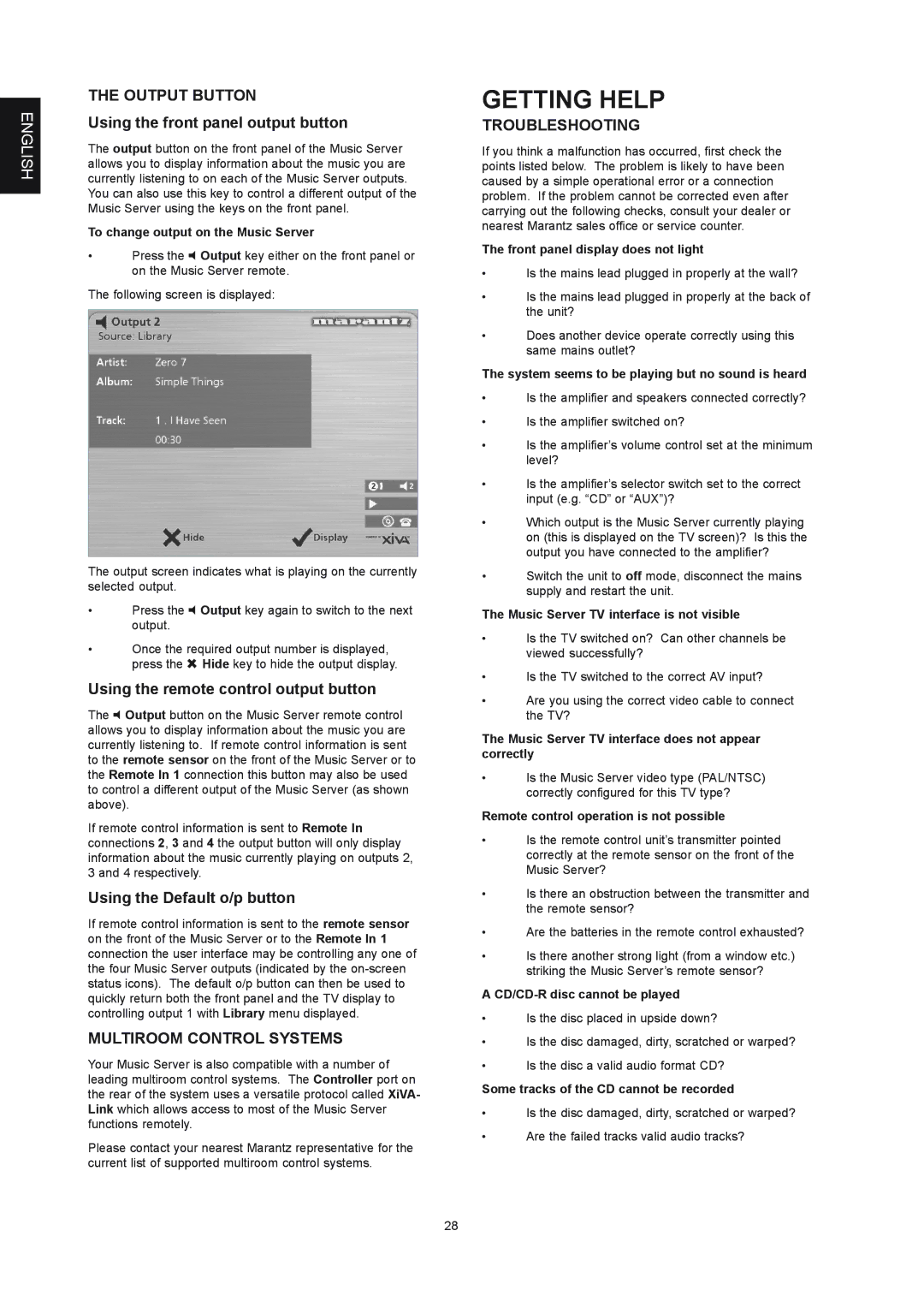 Marantz DH9300 manual Getting Help, Output Button, Multiroom Control Systems, Troubleshooting 