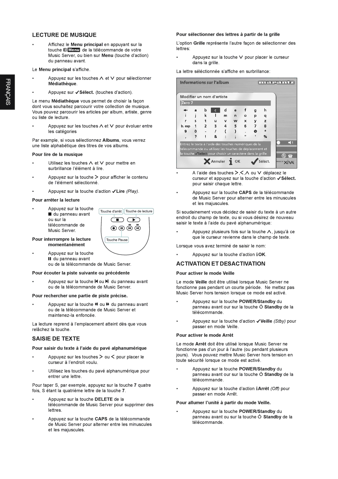 Marantz DH9300 manual Lecture DE Musique, Saisie DE Texte, Activation ET Desactivation 