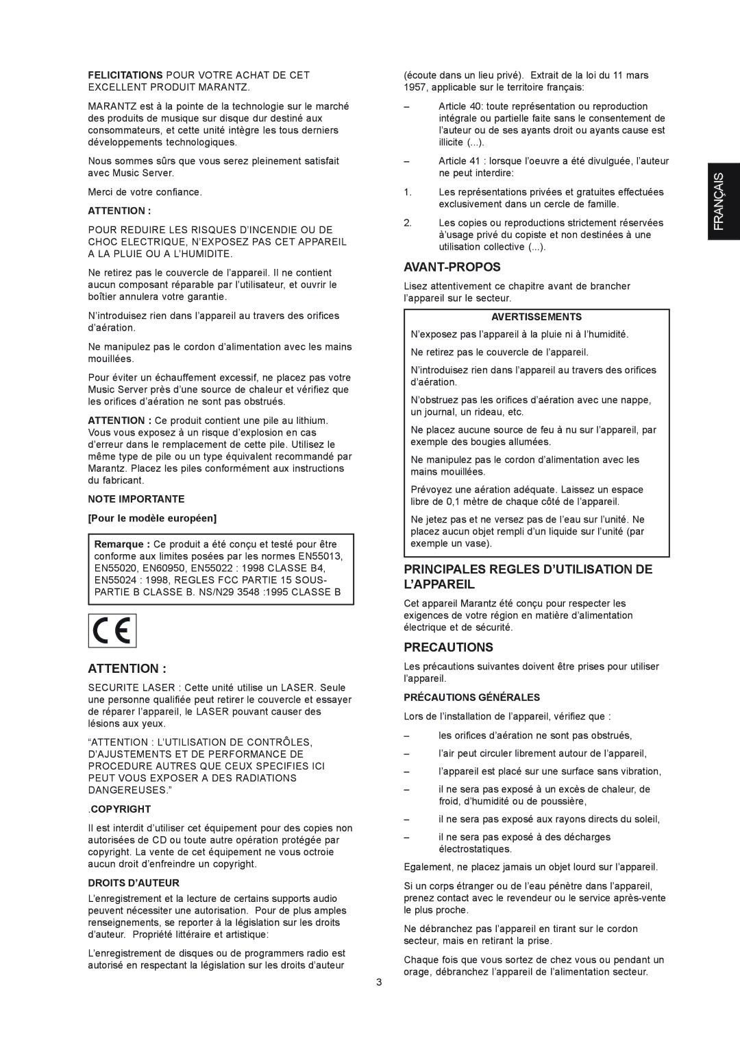 Marantz DH9300 manual Avant-Propos, Principales Regles D’UTILISATION DE L’APPAREIL 