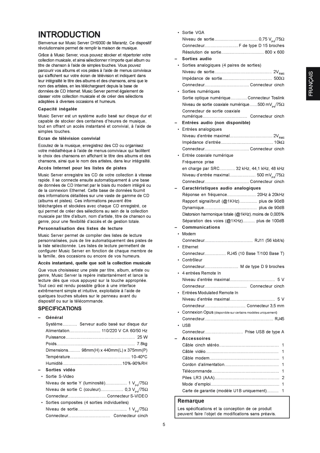 Marantz DH9300 manual Remarque 