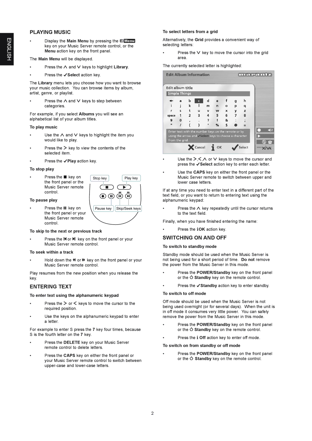 Marantz DH9300 manual Playing Music, Entering Text, Switching on and OFF 