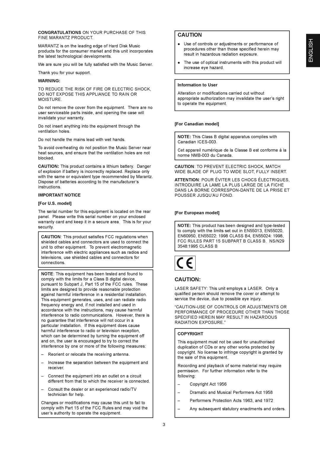 Marantz DH9300 manual For U.S. model, Information to User, For Canadian model, For European model 