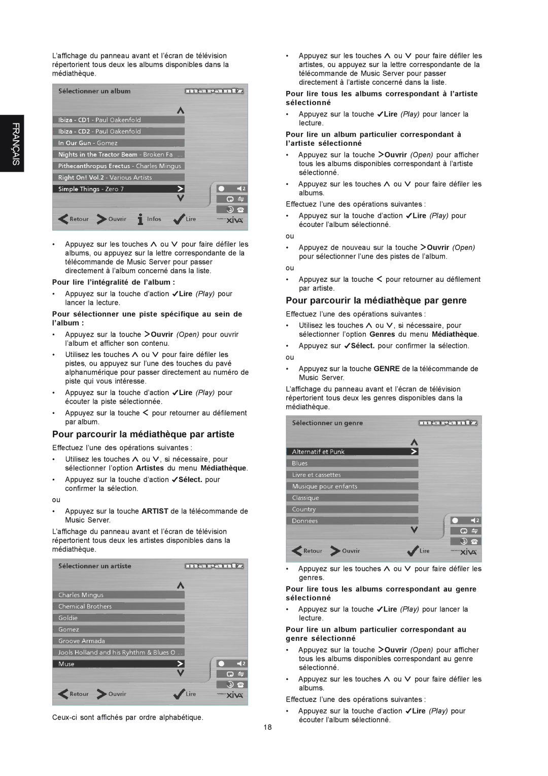 Marantz DH9300 manual Pour parcourir la médiathèque par artiste, Pour parcourir la médiathèque par genre 