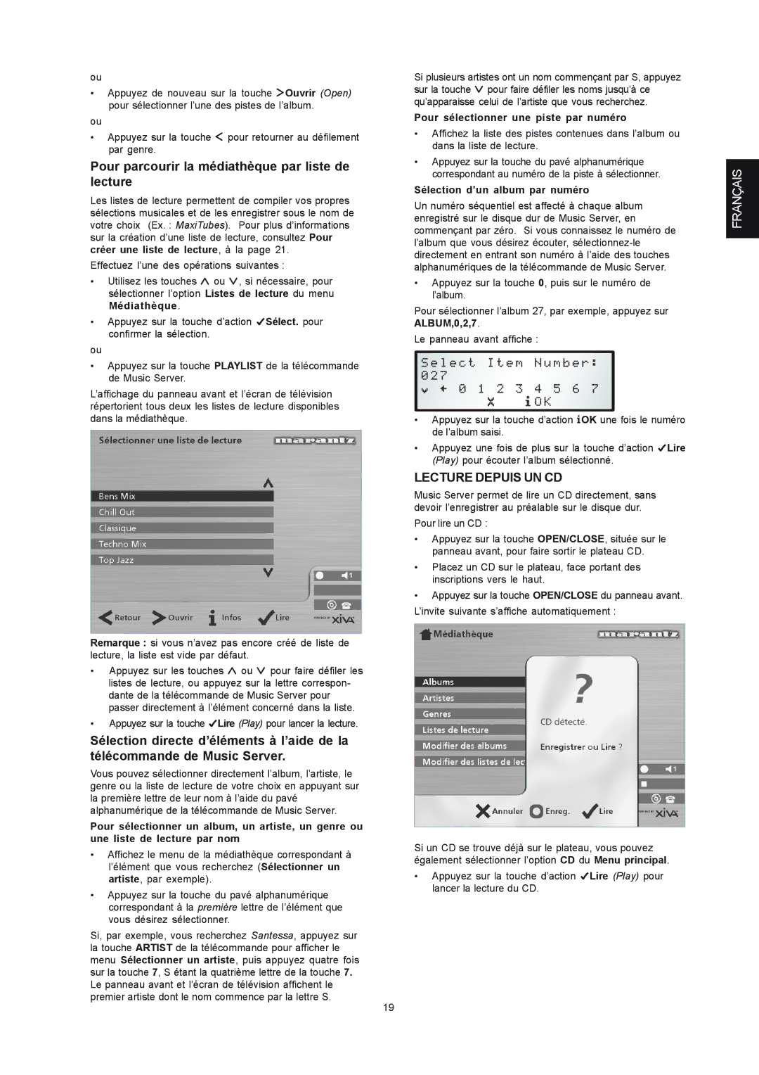 Marantz DH9300 Pour parcourir la médiathèque par liste de lecture, Lecture Depuis UN CD, Sélection d’un album par numéro 