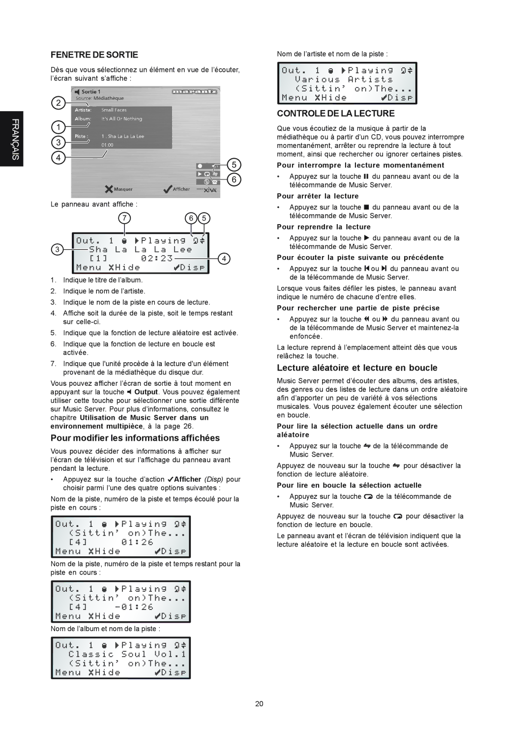 Marantz DH9300 manual Fenetre DE Sortie, Pour modifier les informations affichées, Controle DE LA Lecture 