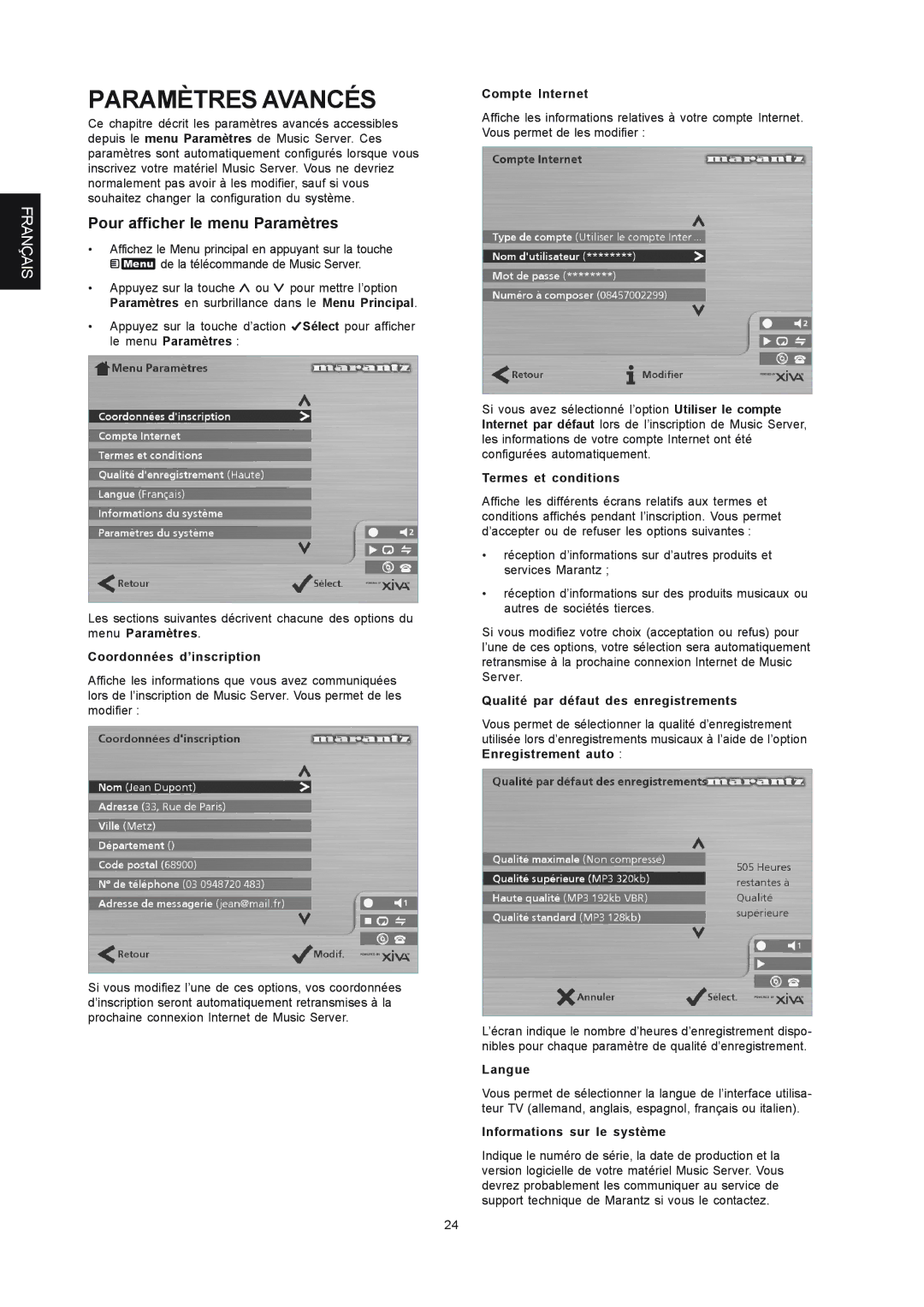 Marantz DH9300 manual Paramètres Avancés, Pour afficher le menu Paramètres 