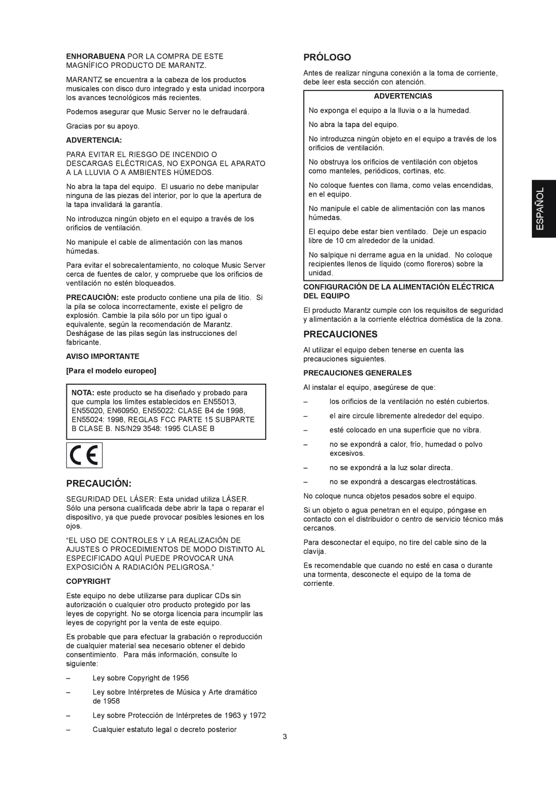 Marantz DH9300 manual Precaución, Prólogo, Precauciones 