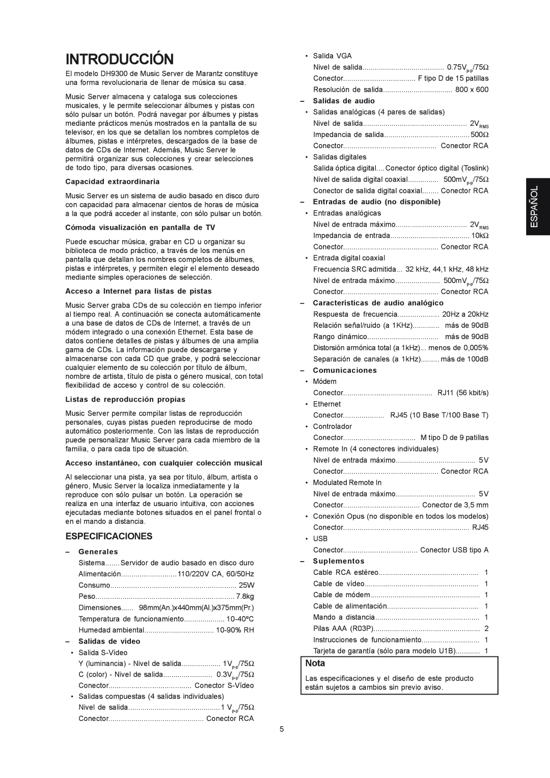 Marantz DH9300 manual Introducción, Especificaciones, Nota 