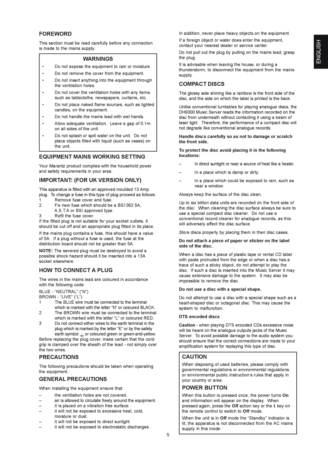 Marantz DH9300 manual Foreword, Equipment Mains Working Setting, Important for UK Version only, HOW to Connect a Plug 