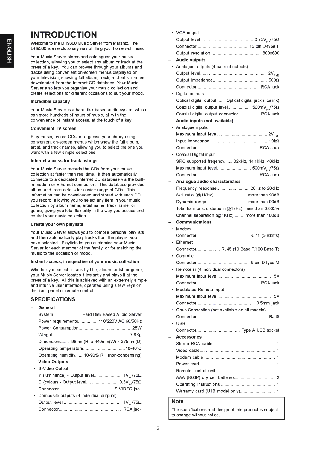 Marantz DH9300 manual Introduction, Specifications 