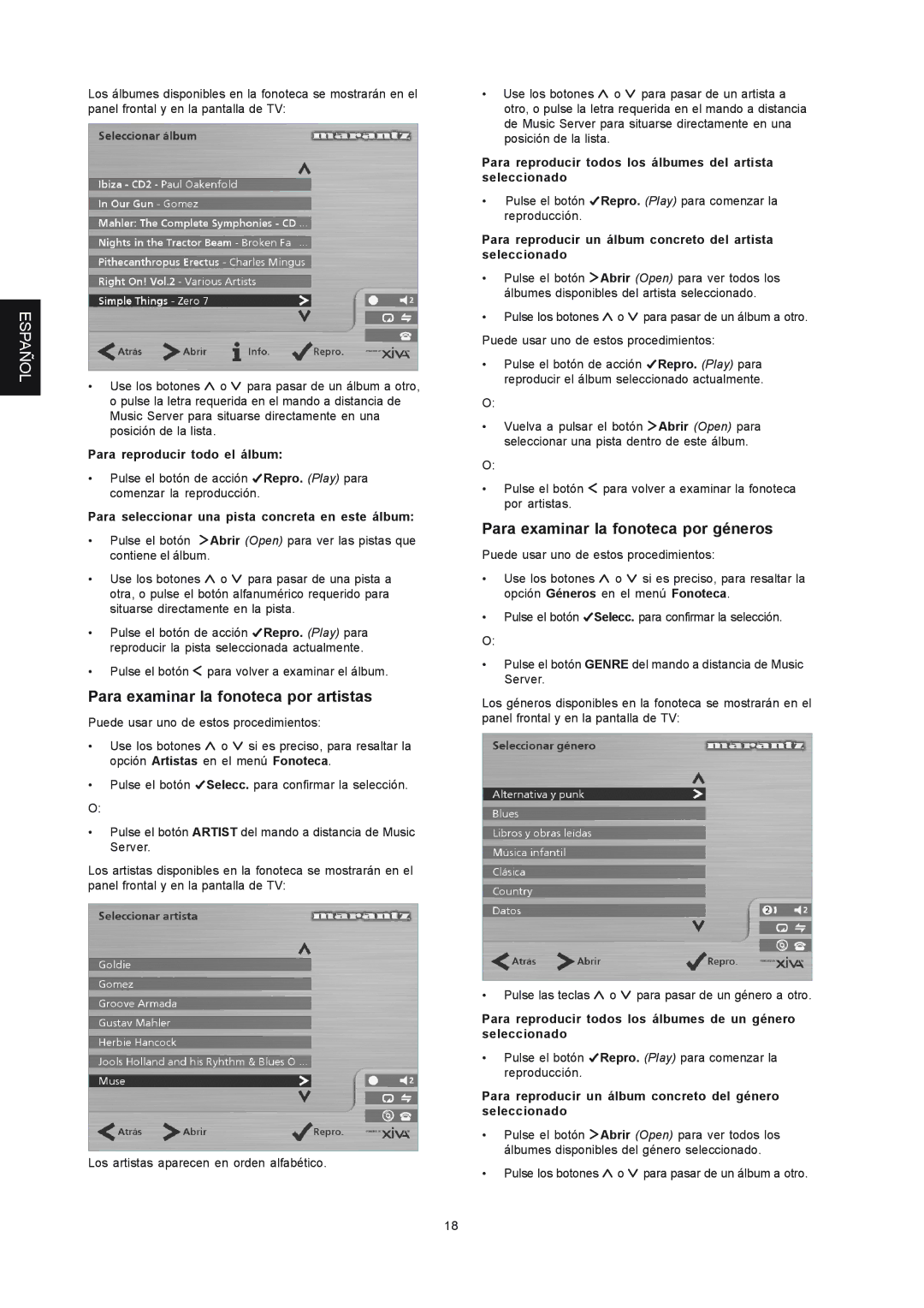 Marantz DH9300 manual Para examinar la fonoteca por artistas, Para examinar la fonoteca por géneros 