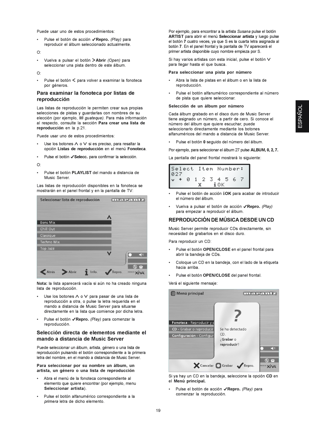 Marantz DH9300 manual Para examinar la fonoteca por listas de reproducción, Reproducción DE Música Desde UN CD 